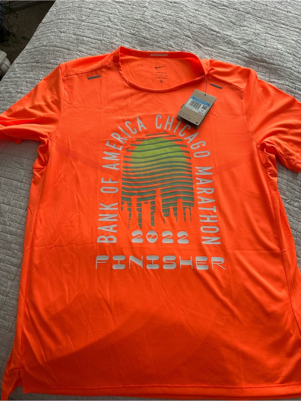 Nike Orange Chicago Marathon 2022 Finisher Tee with Green Accent